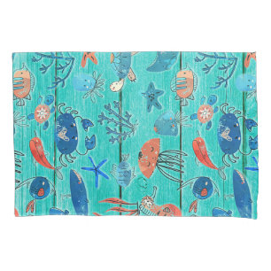 Rustic Teal Wood & Under the Sea Friends Whimsical Pillowcase