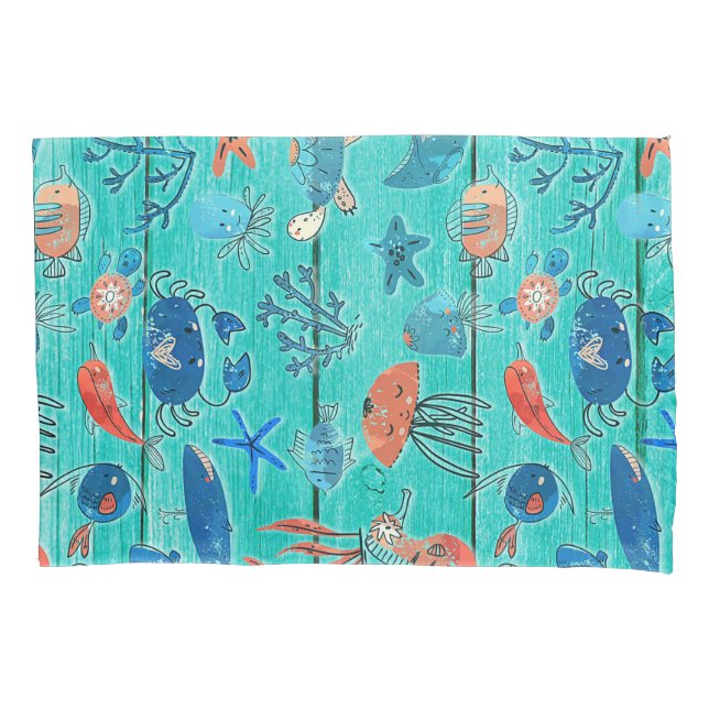 Rustic Teal Wood & Under the Sea Friends Whimsical Pillowcase (Front)