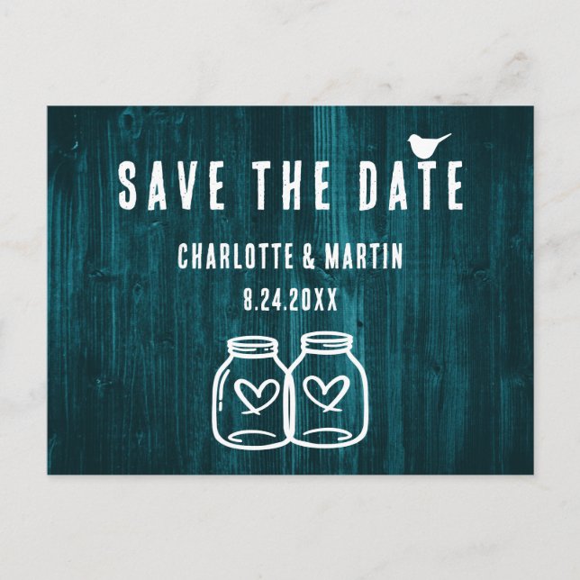 Rustic Teal Wood Wedding Save The Date Postcard (Front)