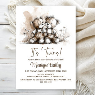 Rustic Teddy Bear Twins Baby Shower Invitation
