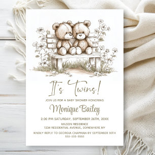 Rustic Teddy Bear Twins Baby Shower Invitation
