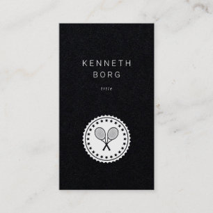 Rustic tennis instructor seal logo white on black business card