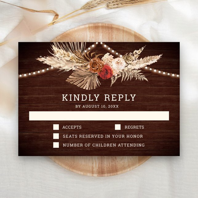 Rustic Terracotta and Maroon Floral Pampas Wedding RSVP Card (Creator Uploaded)