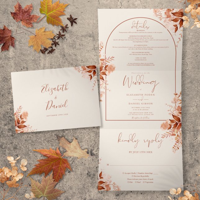 Rustic Terracotta Arch Photo Autumn Fall Wedding Tri-Fold Invitation (Rustic Terracotta Arch Photo Autumn Fall Wedding Tri-Fold Invitation)