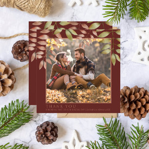 Rustic Terracotta Autumn Fall Leaves Photo Wedding Thank You Card