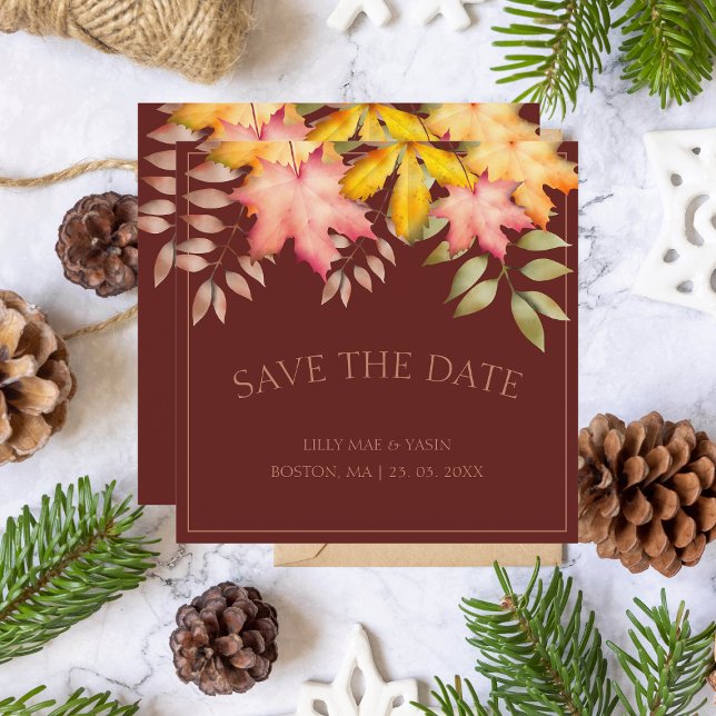 Rustic Terracotta Autumn Fall Leaves Wedding Save The Date (Creator Uploaded)