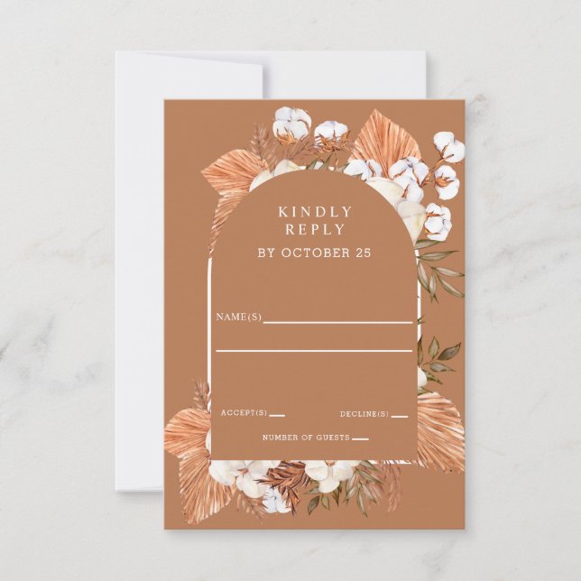 Rustic Terracotta Boho Pampas Arched Wedding RSVP Card (Front)