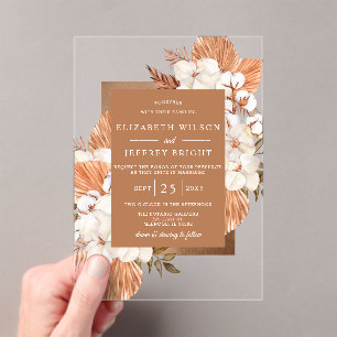 Rustic Terracotta Boho Pampas Orchids Wedding Acrylic Invitations
