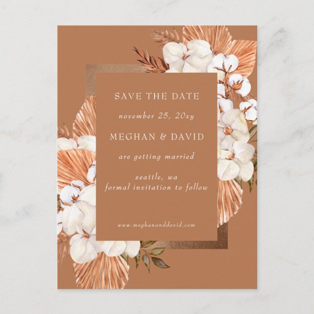 Rustic Terracotta Boho Pampas Orchids Wedding Announcement Postcard (Front)