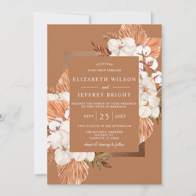 Rustic Terracotta Boho Pampas Orchids Wedding Invitation (Front)
