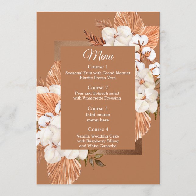Rustic Terracotta Boho Pampas Orchids Wedding Menu (Front)
