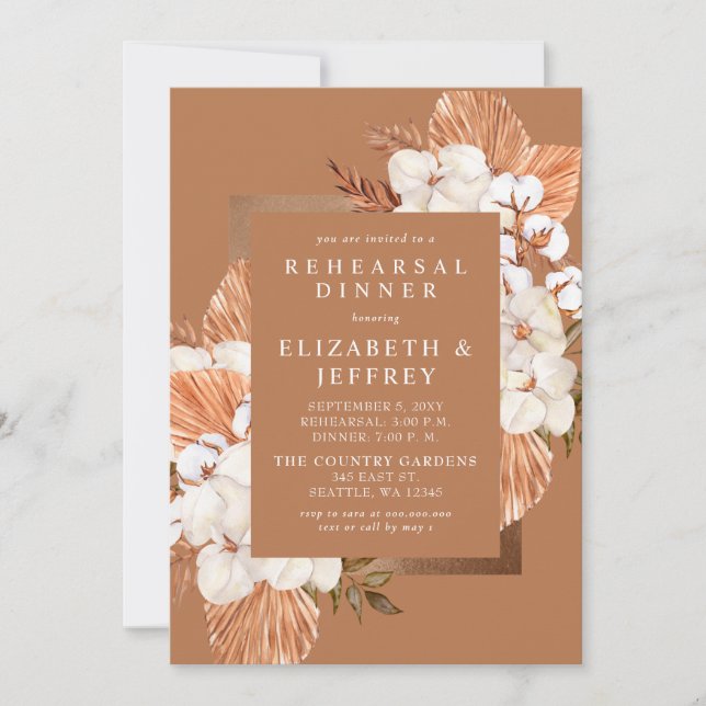 Rustic Terracotta Boho Pampas Rehearsal Dinner Invitation (Front)