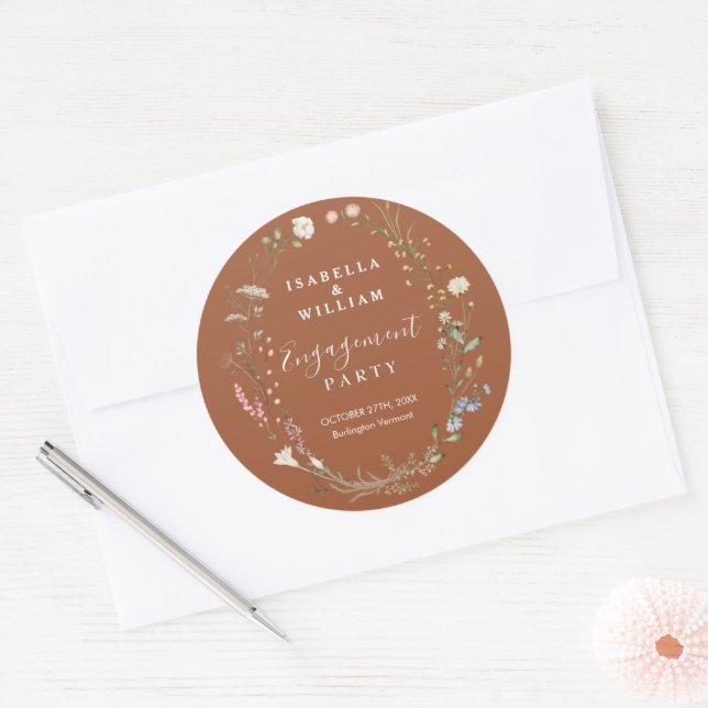 Rustic Terracotta Boho Wildflower Engagement Party Classic Round Sticker (Envelope)
