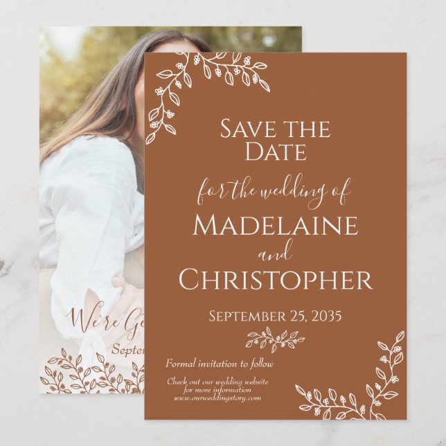 Rustic Terracotta Botanical Boho Photo Wedding Save The Date (Front/Back)