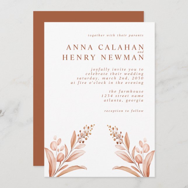 Rustic Terracotta Botanical Floral Wedding Invitation (Front/Back)