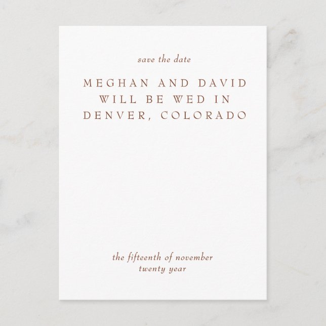 Rustic Terracotta Burnt Orange Modern Save The Dat Announcement Postcard (Front)