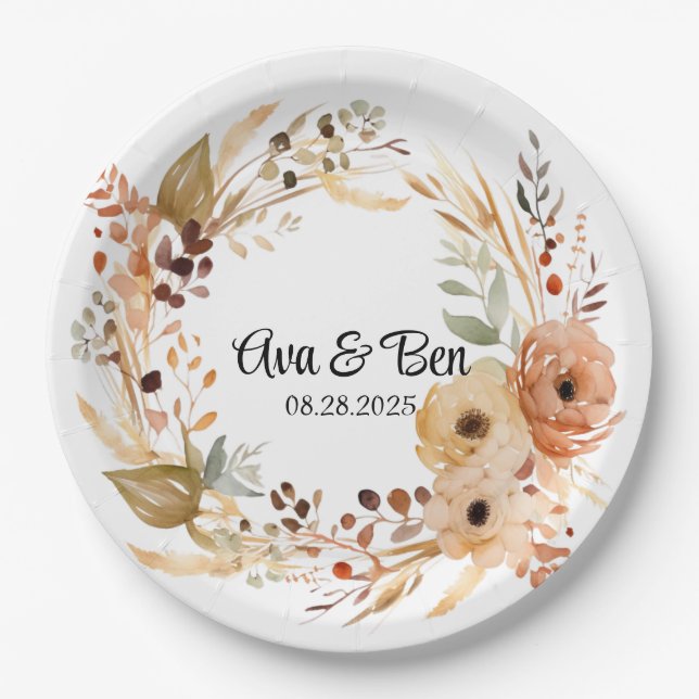 Rustic Terracotta Cream Watercolor Floral Wedding Paper Plate (Front)