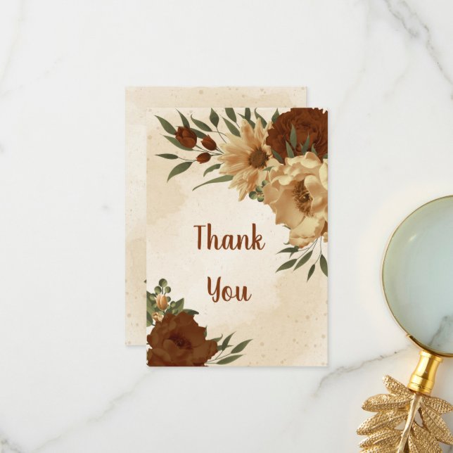 rustic terracotta earth tone floral thank you card (Front/Back In Situ)