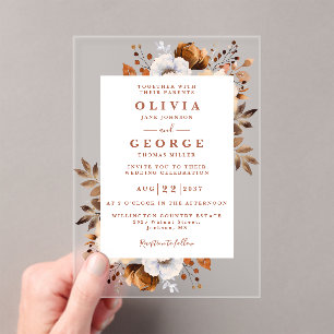 Rustic Terracotta Elegant Modern Floral Wedding Acrylic Invitations