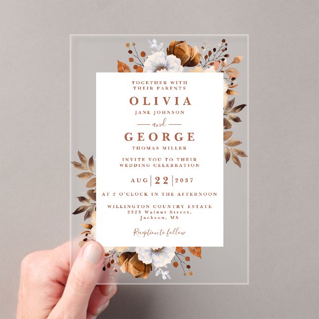 Rustic Terracotta Elegant Modern Floral Wedding Acrylic Invitations (Insitu (Handheld))