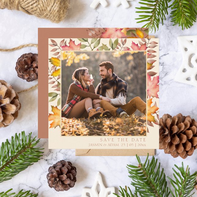 Rustic Terracotta Fall Autumn Leaves Photo Wedding Save The Date (Creator Uploaded)