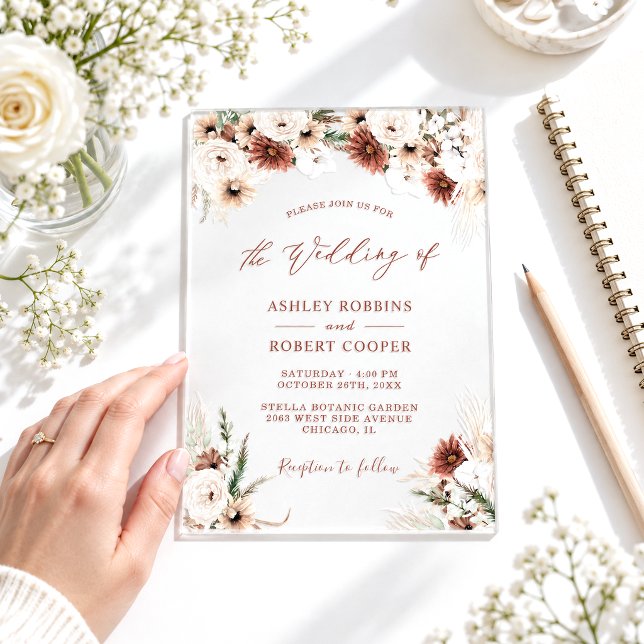 Rustic Terracotta Fall Boho Botanical Wedding Acrylic Invitations (Creator Uploaded)