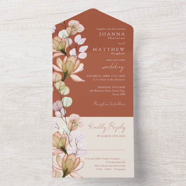 Rustic Terracotta Floral Autumn Fall Wedding All In One Invitation (Inside)