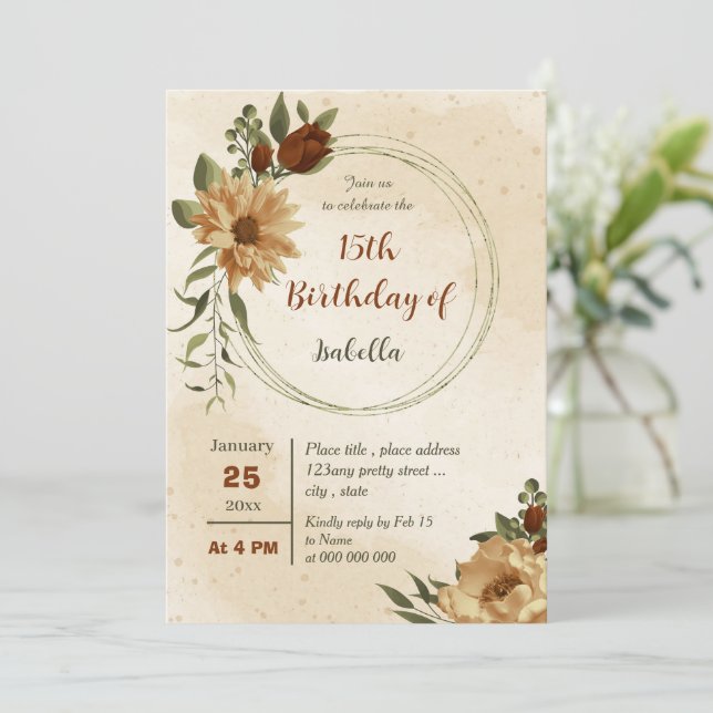 rustic terracotta floral botanical birthday  invitation (Standing Front)
