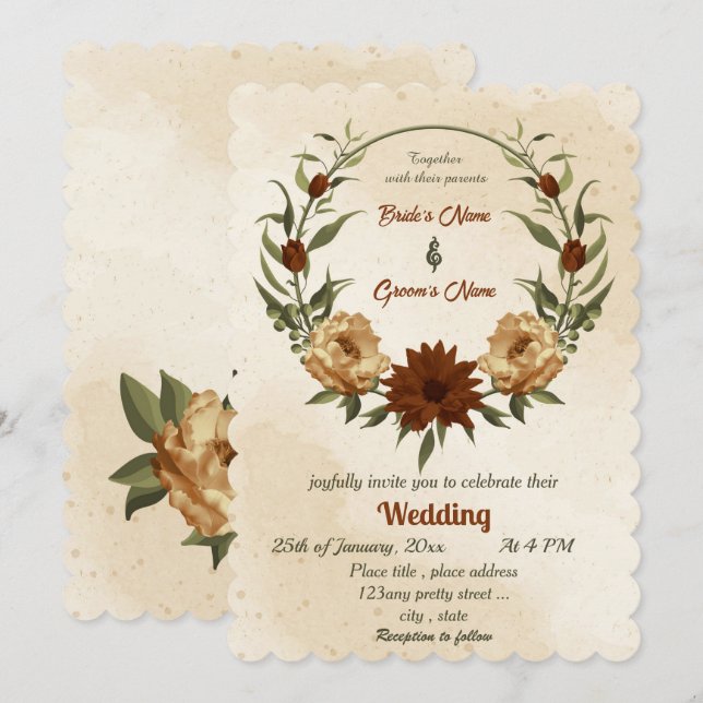 rustic terracotta floral botanical wedding  invitation (Front/Back)