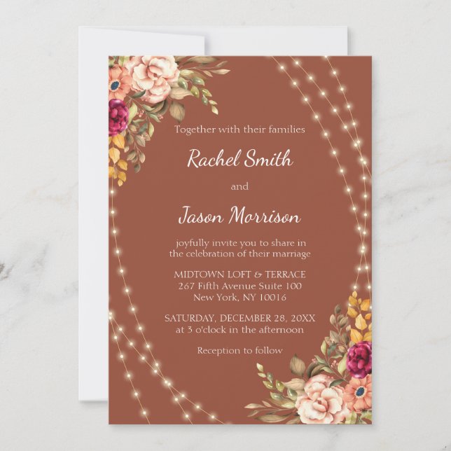 Rustic Terracotta Floral Fairy String Lights  Invitation (Front)
