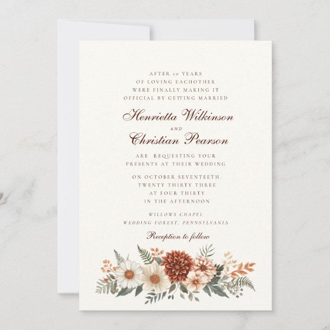 Rustic Terracotta Floral fall Wedding Invitation (Front)