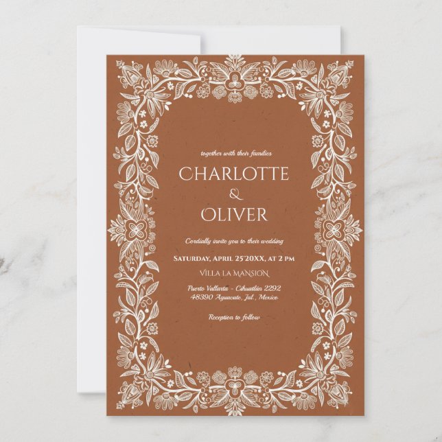 Rustic Terracotta Floral Frame Wedding Invitation  (Front)
