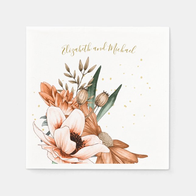 Rustic Terracotta Floral Gold Elegant Chic Wedding Napkin (Front)