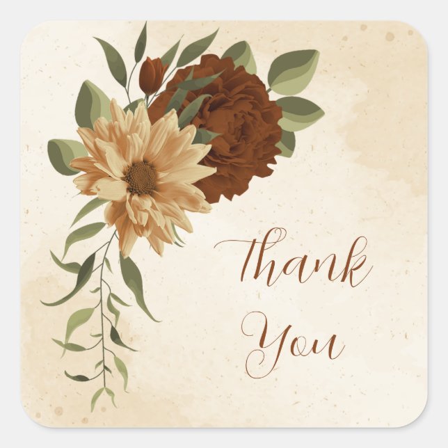 rustic terracotta floral greenery thank you square sticker (Front)