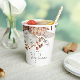 Rustic Terracotta Floral Name Boho Baby Shower Paper Cups