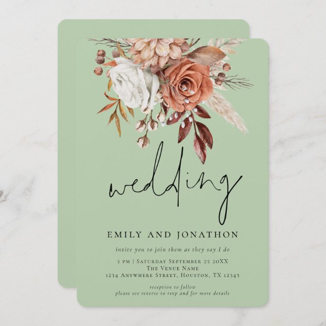 Rustic Terracotta Floral Script Sage Green Wedding Invitation (Front/Back)