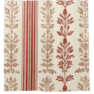 Rustic Terracotta Floral Toile Cream Stripes Shower Curtain