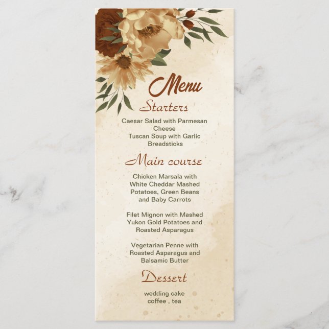 rustic terracotta floral wedding menu (Front)