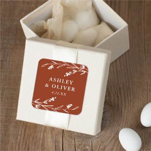 Rustic Terracotta Floral Wildflower Wedding Favour Square Sticker
