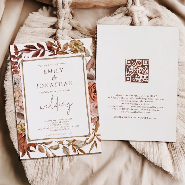 Rustic Terracotta Florals Border QR Code Wedding Invitation (Front and back view)
