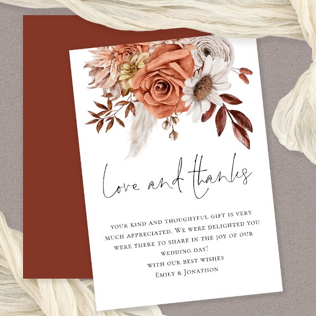 Rustic Terracotta Florals Love Thanks Wedding Card (Available digitally or printed)