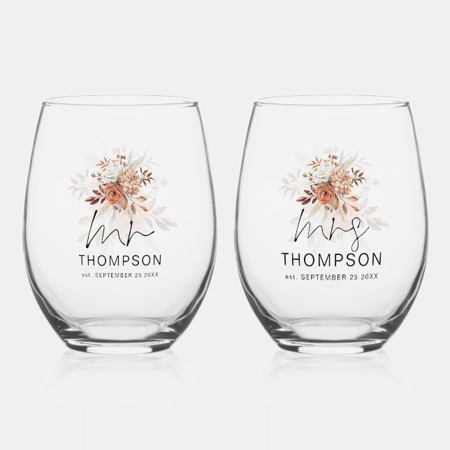 Rustic Terracotta Florals Mr Mrs Name Date Wedding Stemless Wine Glass (Front)