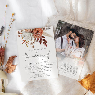 Rustic Terracotta Florals Photo QR Code Wedding Invitation