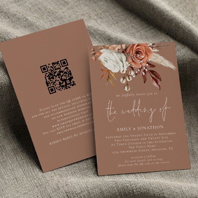Rustic Terracotta Florals QR Code Brown Wedding Invitation (front and back view)