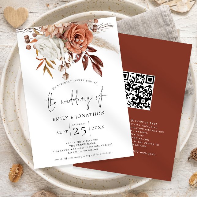 Rustic Terracotta Florals QR Code Wedding Invitation (Front and back view)