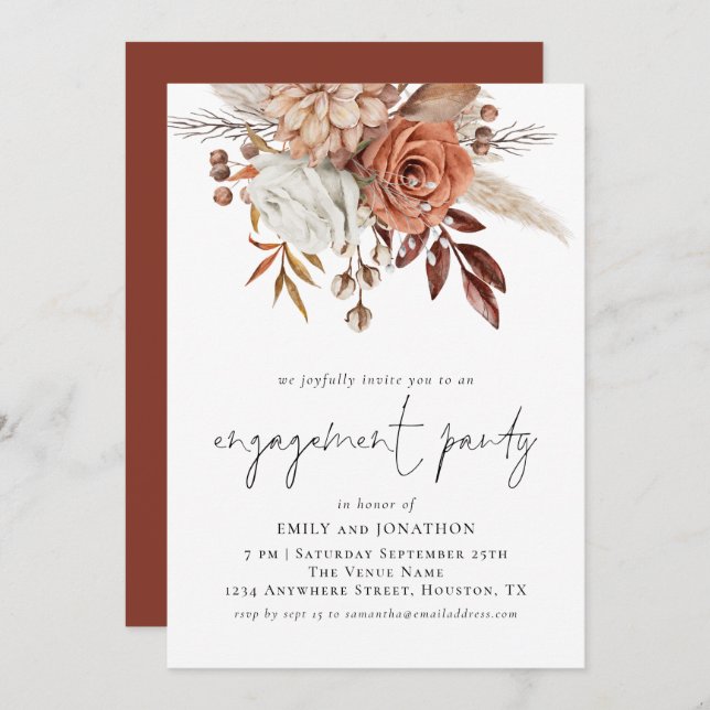 Rustic Terracotta Florals Script Engagement Party Invitation (Front/Back)