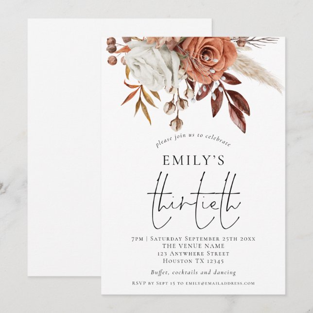 Rustic Terracotta Florals Thirtieth Birthday Party Invitation (Front/Back)