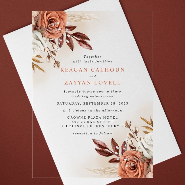 Rustic Terracotta Flowers And Pampas Grass Wedding Acrylic Invitations (Creator Uploaded)