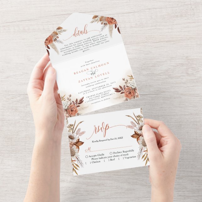 Rustic Terracotta Flowers And Pampas Grass Wedding All In One Invitation (Tearaway)