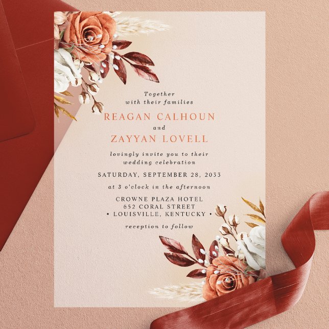 Rustic Terracotta Flowers And Pampas Grass Wedding Vellum Invitations (Creator Uploaded)
